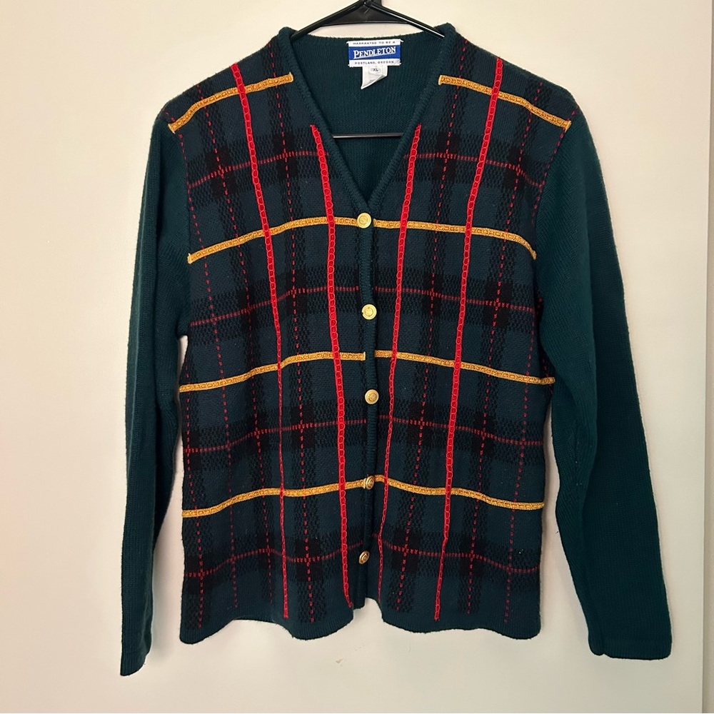 Vintage 80s Pendleton Mom’s Style Cardigan - Green, Red, and Gold Festive Plaid